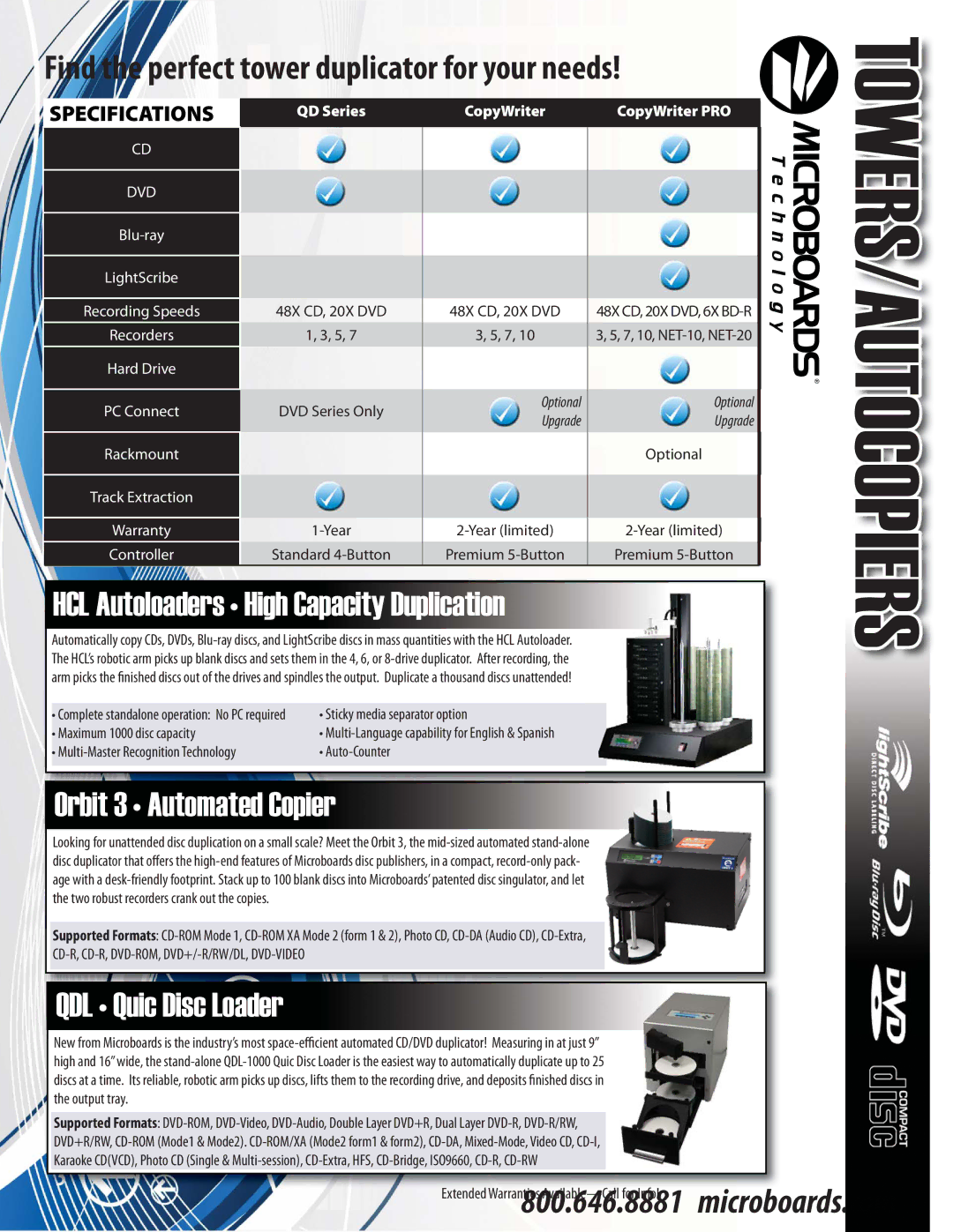 MicroBoards Technology CopyWriter PRO Series warranty HCL Autoloaders High Capacity Duplication, Orbit 3 Automated Copier 