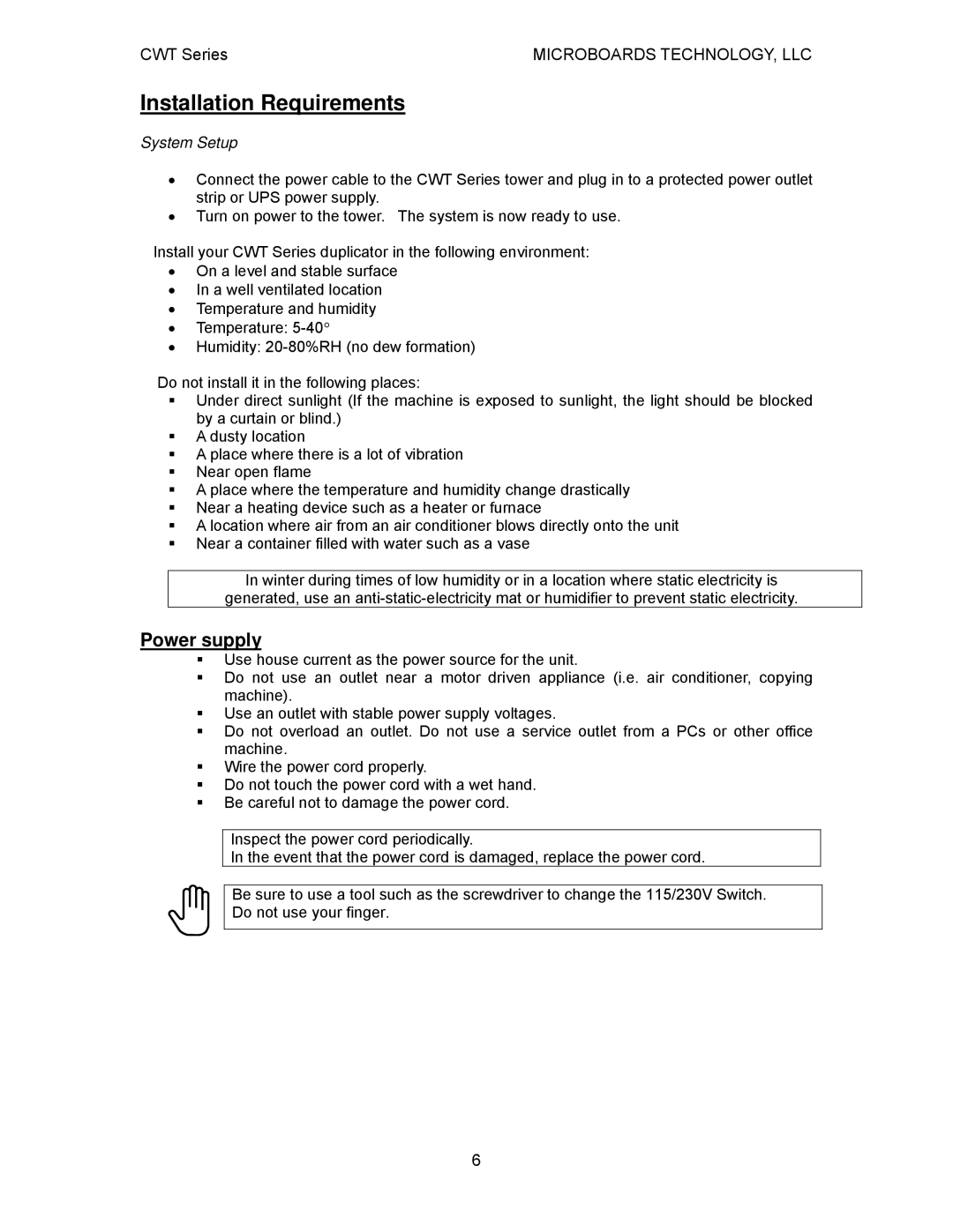 MicroBoards Technology CopyWriter Series, CWT Series user manual Installation Requirements, System Setup 