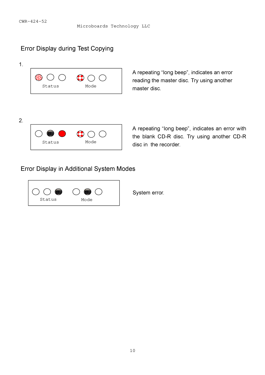 MicroBoards Technology CWR-424-52 user manual Error Display during Test Copying, Error Display in Additional System Modes 