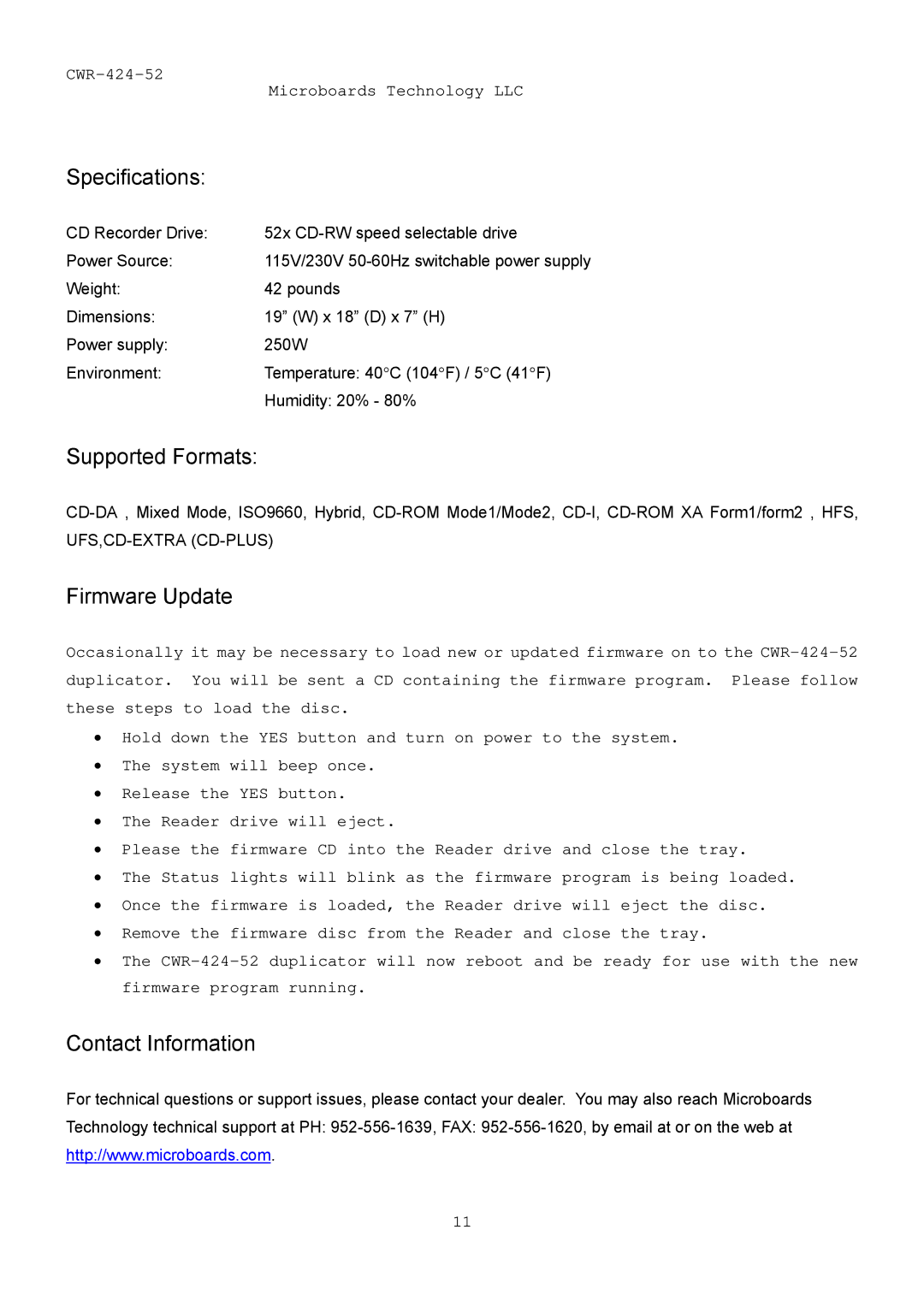 MicroBoards Technology CWR-424-52 user manual Specifications, Supported Formats, Firmware Update, Contact Information 