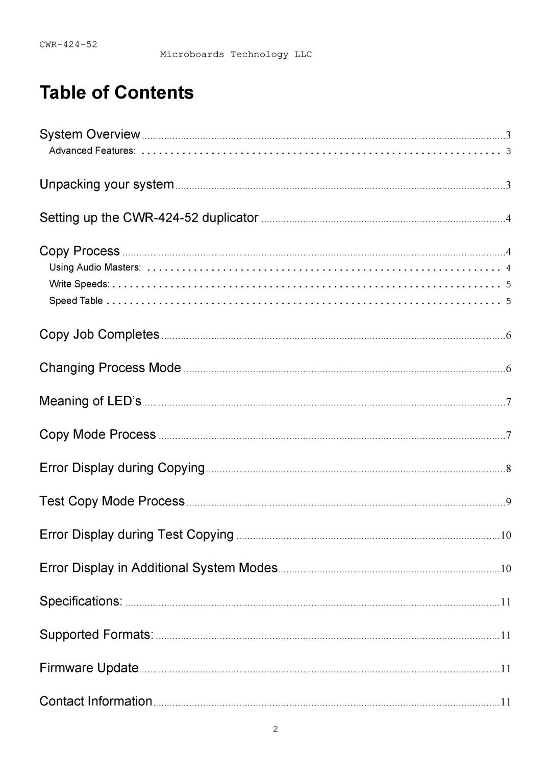 MicroBoards Technology CWR-424-52 user manual Table of Contents 