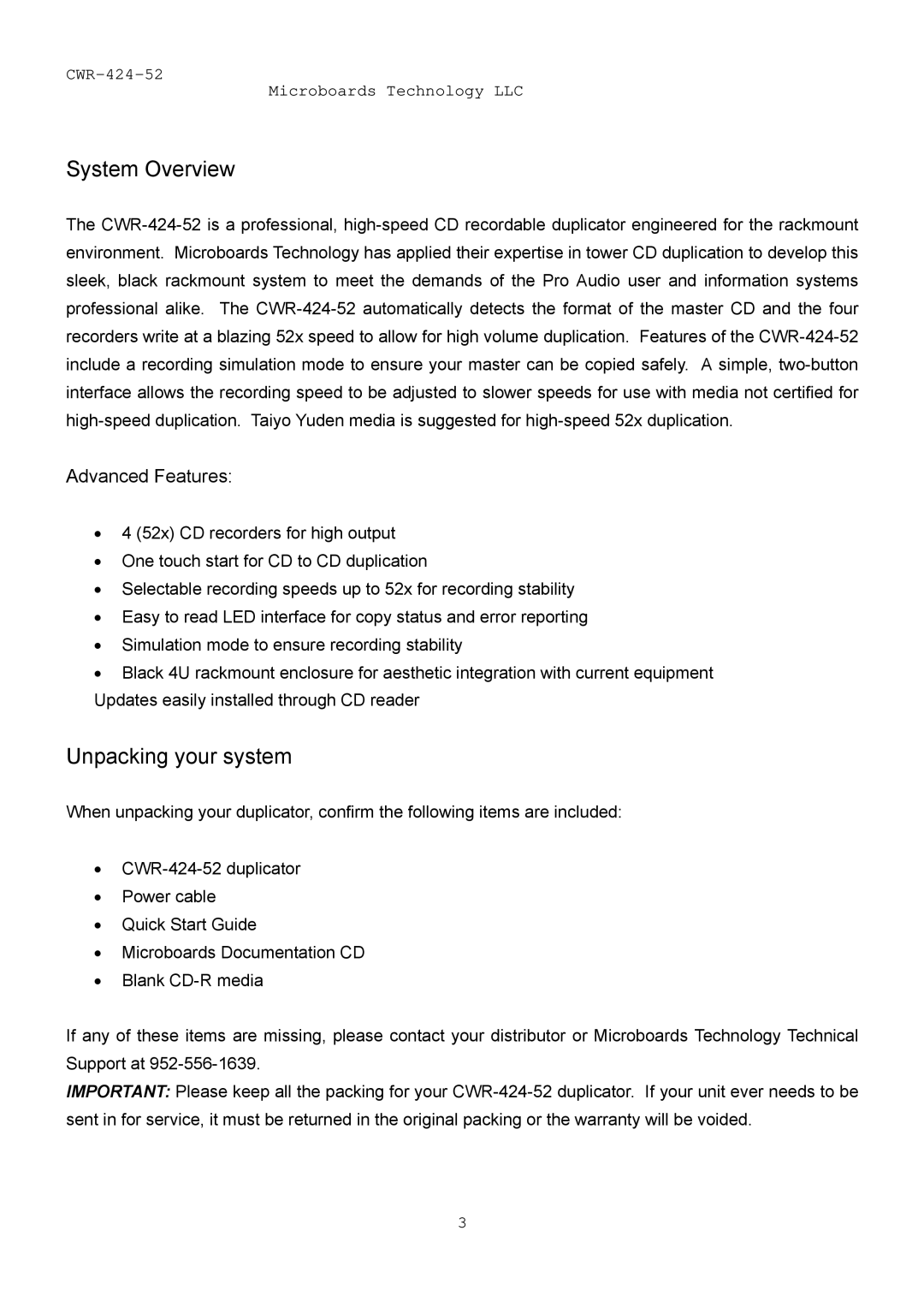 MicroBoards Technology CWR-424-52 user manual System Overview, Unpacking your system 