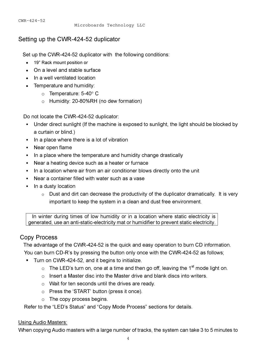 MicroBoards Technology user manual Setting up the CWR-424-52 duplicator, Copy Process 