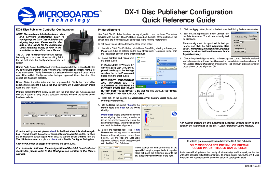 MicroBoards Technology DX-1 Disc Publisher Configuration Quick Reference Guide, Printer Alignment, 820-00152-01 
