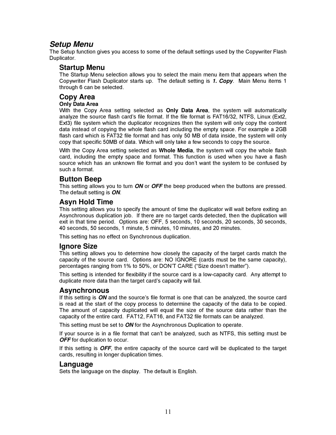 MicroBoards Technology Flash Duplicator user manual Setup Menu 