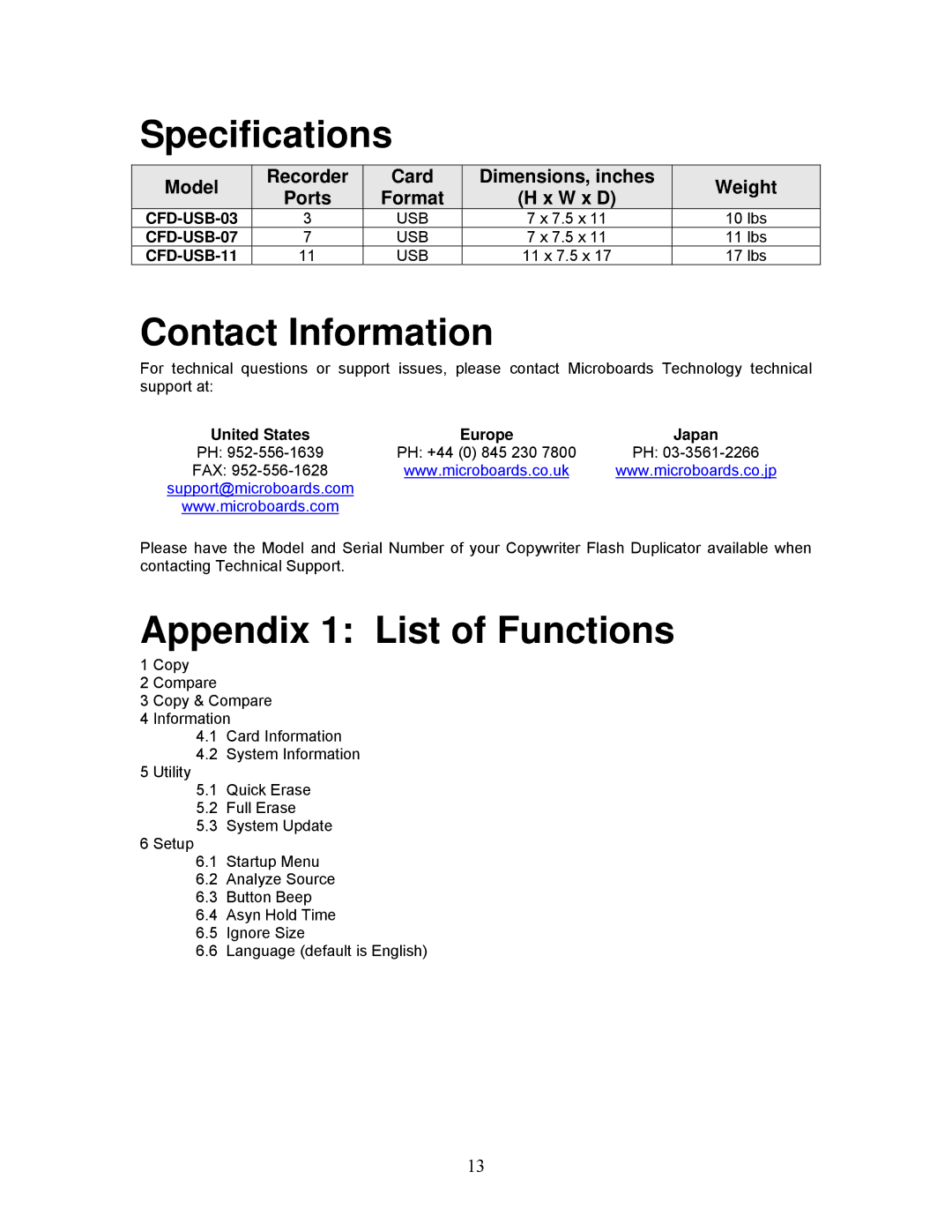 MicroBoards Technology Flash Duplicator user manual Specifications, Contact Information, Appendix 1 List of Functions 