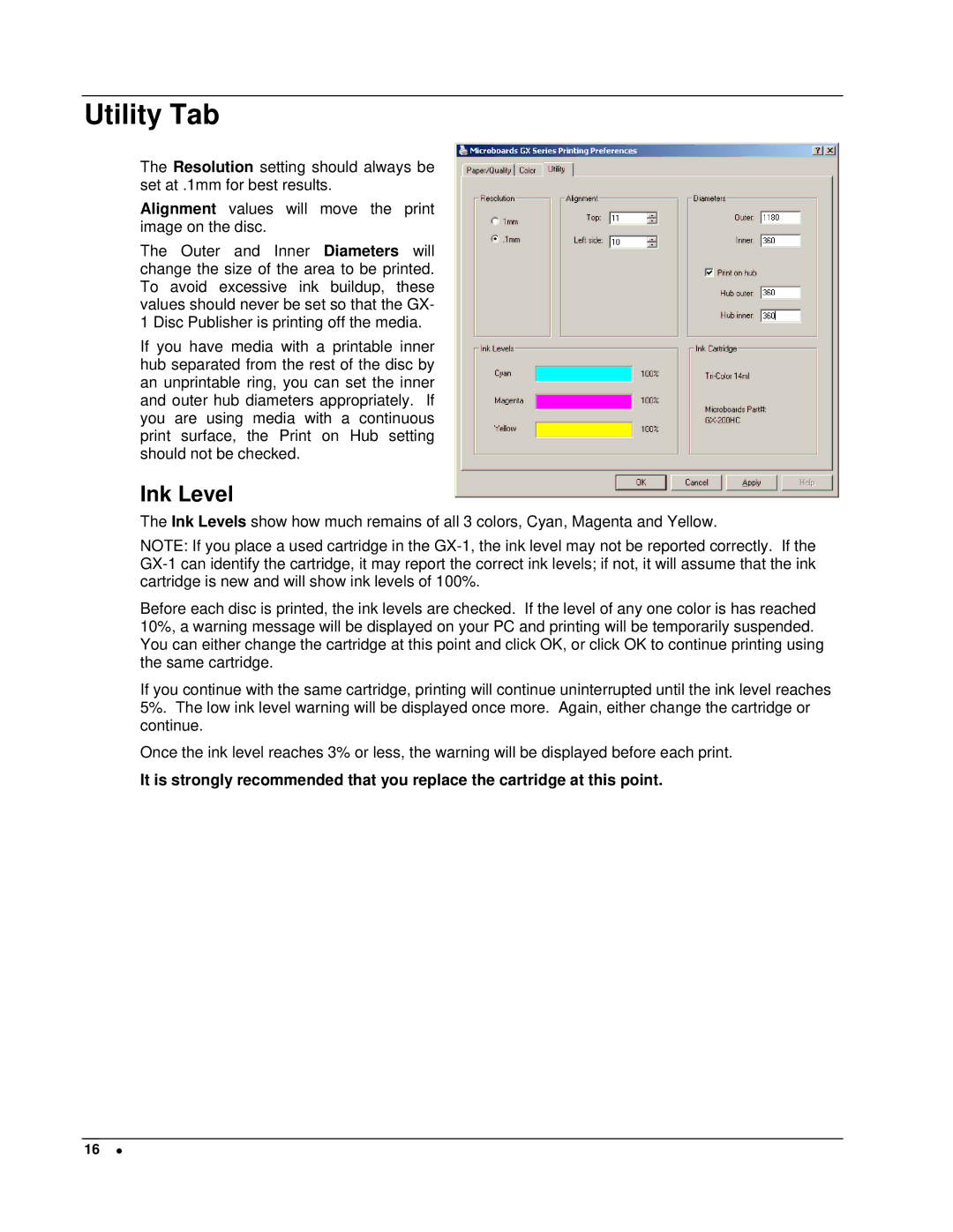 MicroBoards Technology GX-1 user manual Utility Tab, Ink Level 