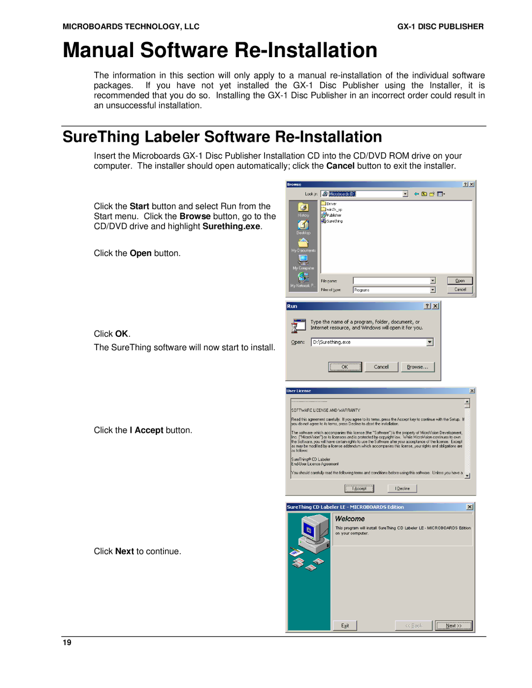 MicroBoards Technology GX-1 user manual Manual Software Re-Installation, SureThing Labeler Software Re-Installation 