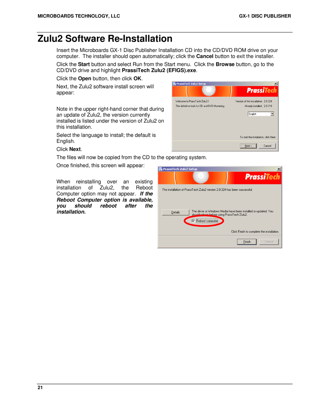 MicroBoards Technology GX-1 user manual Zulu2 Software Re-Installation 