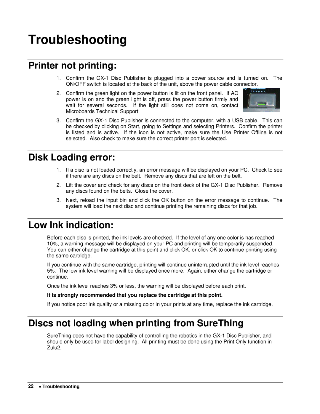 MicroBoards Technology GX-1 user manual Troubleshooting, Printer not printing, Disk Loading error, Low Ink indication 