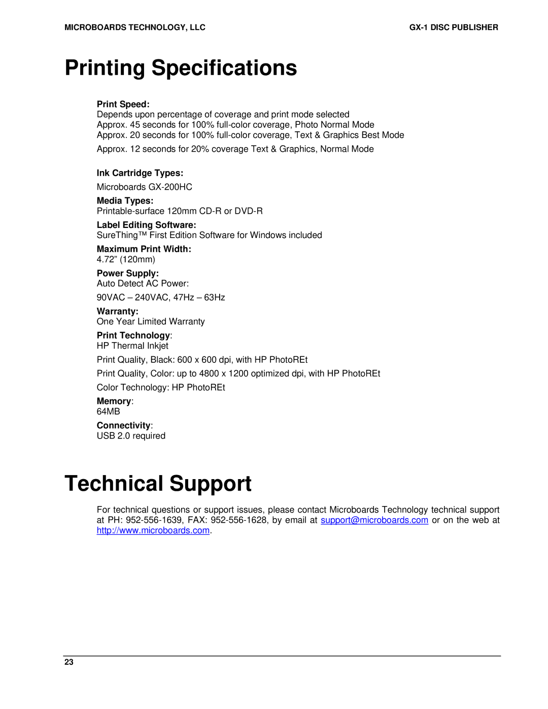 MicroBoards Technology GX-1 user manual Printing Specifications, Technical Support 