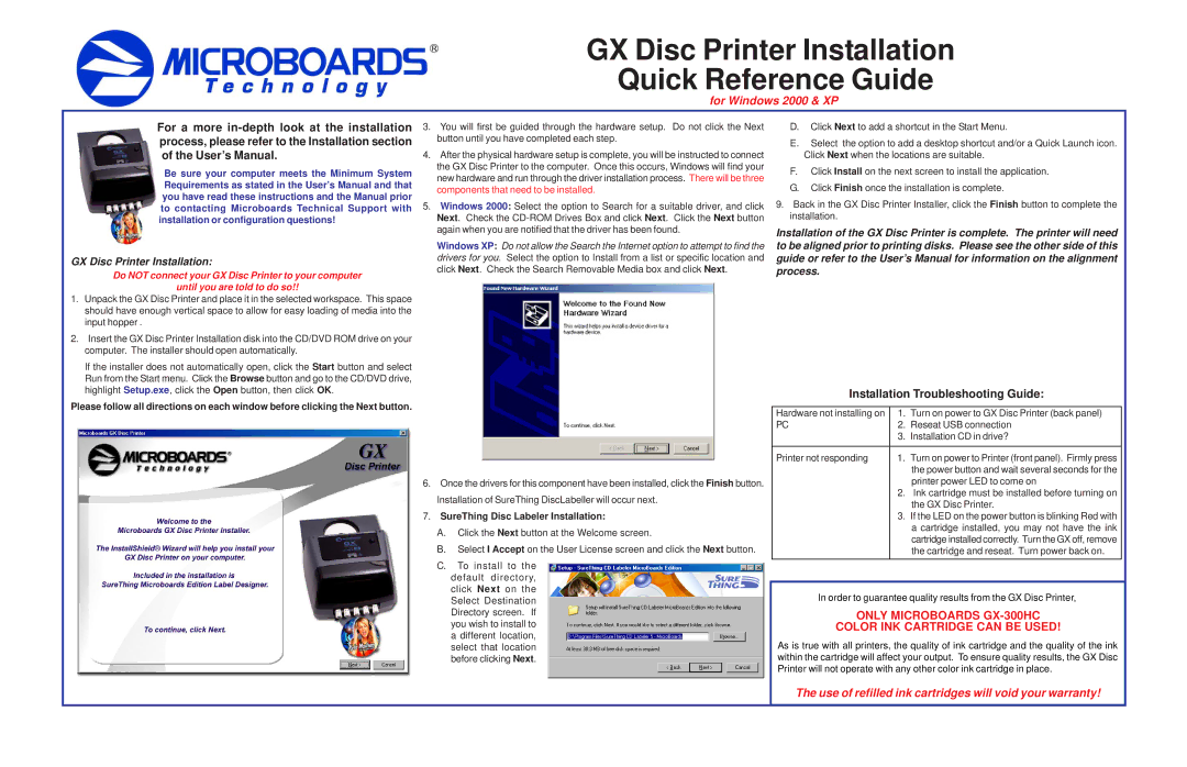 MicroBoards Technology GX-300HC warranty Installation Troubleshooting Guide, GX Disc Printer Installation 