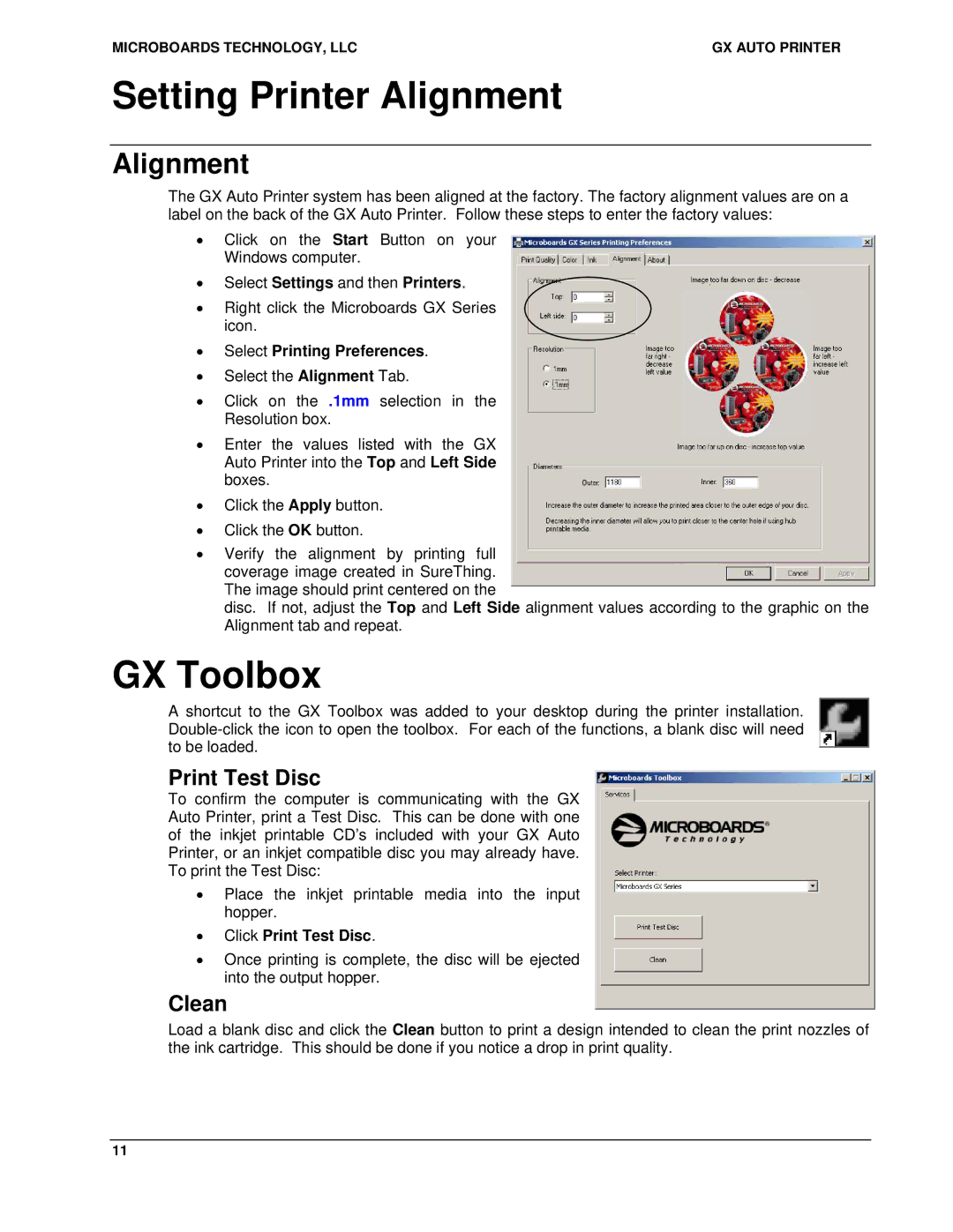 MicroBoards Technology GX Auto Printer user manual Setting Printer Alignment, GX Toolbox, Print Test Disc, Clean 