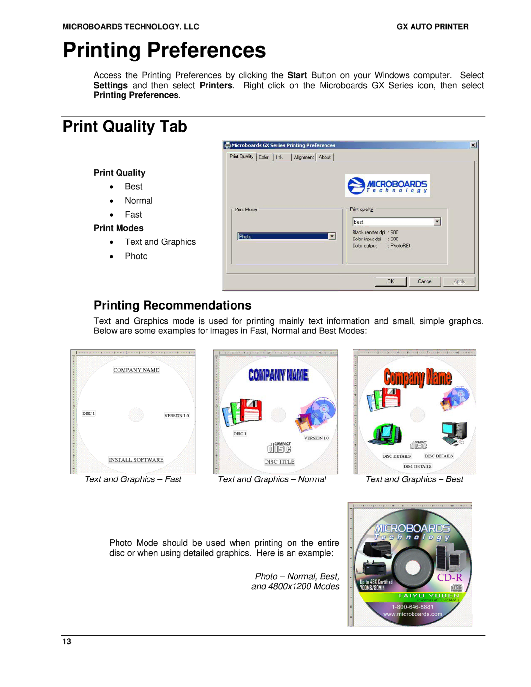 MicroBoards Technology GX Auto Printer Printing Preferences, Print Quality Tab, Printing Recommendations, Print Modes 