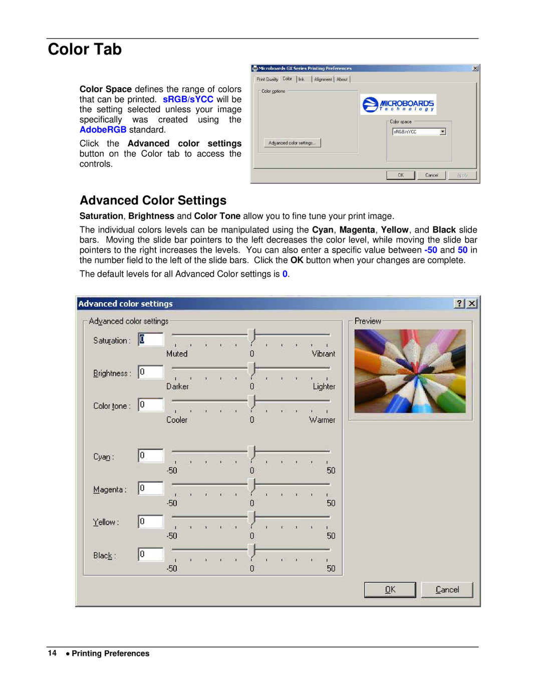 MicroBoards Technology GX Auto Printer user manual Color Tab, Advanced Color Settings 