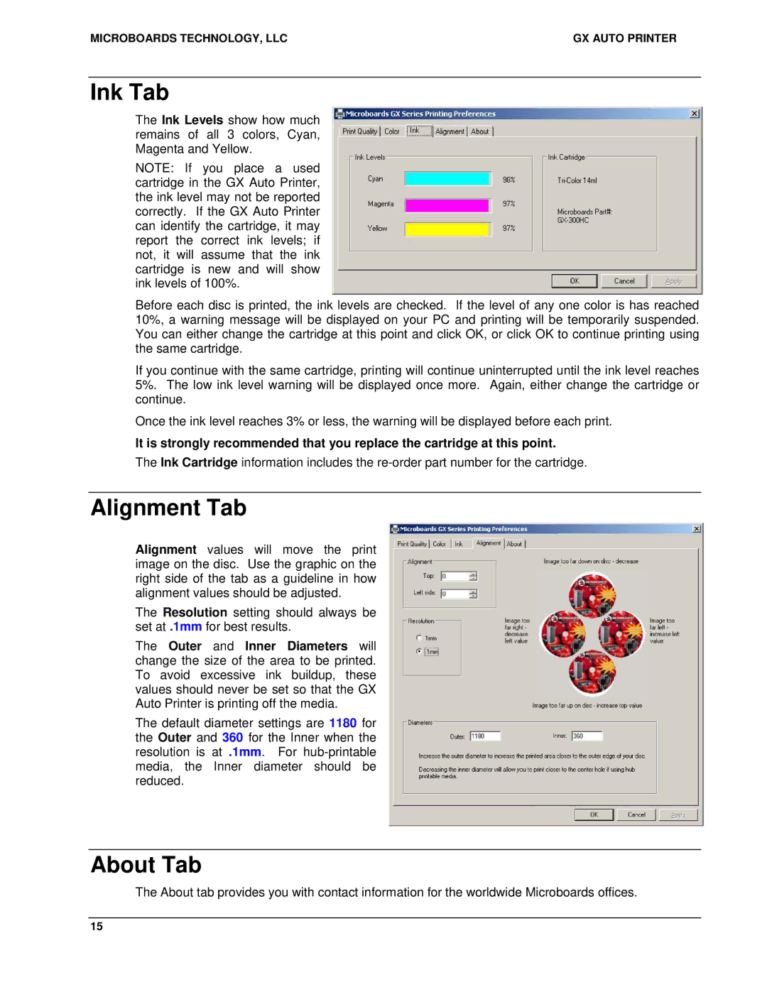 MicroBoards Technology GX Auto Printer user manual Ink Tab, Alignment Tab, About Tab 