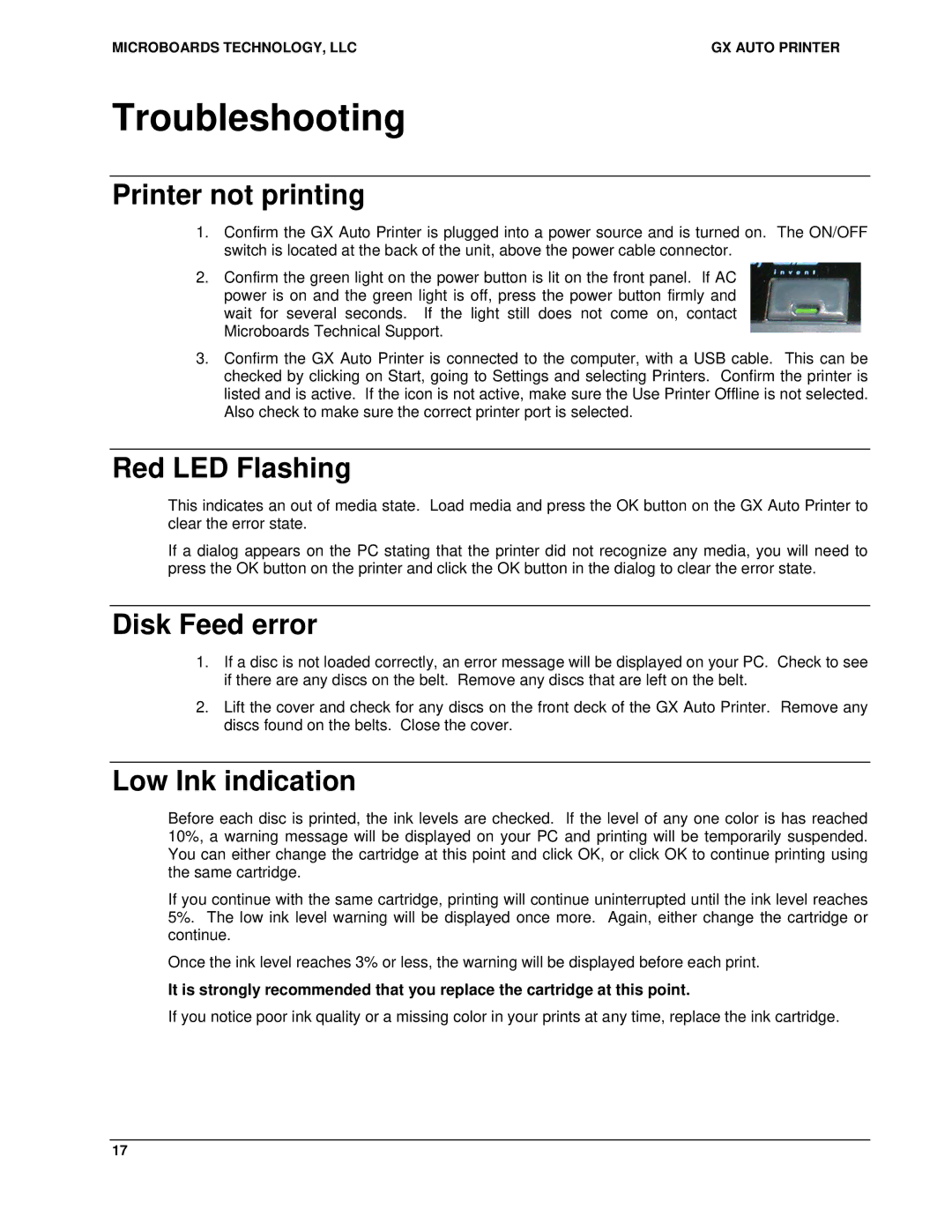 MicroBoards Technology GX Auto Printer user manual Troubleshooting, Printer not printing, Red LED Flashing, Disk Feed error 