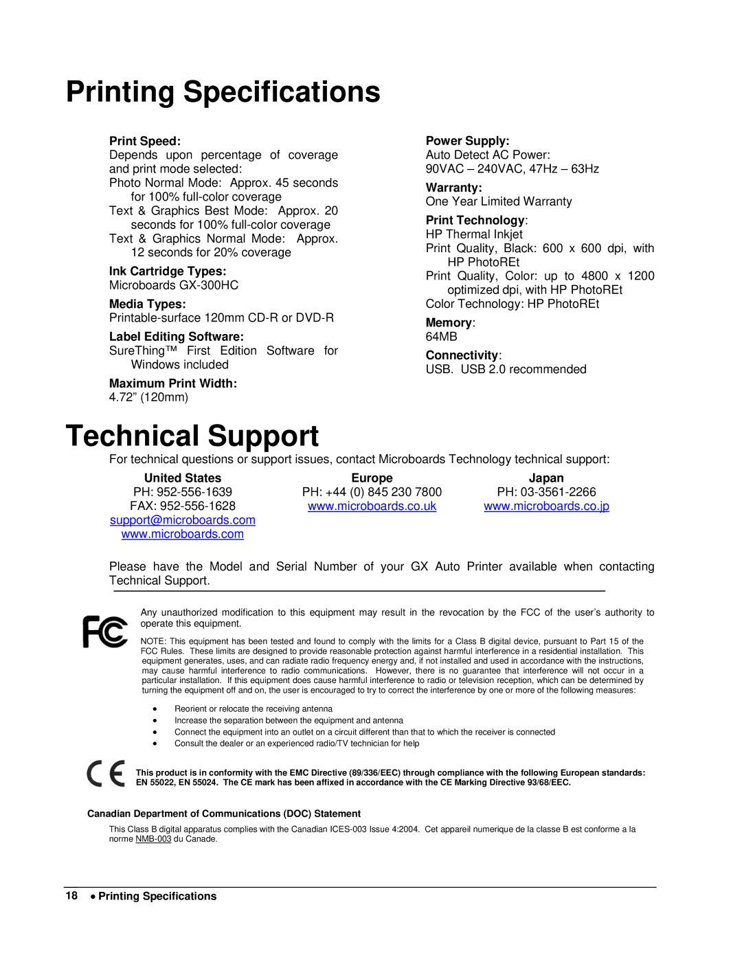 MicroBoards Technology GX Auto Printer user manual Printing Specifications, Technical Support 