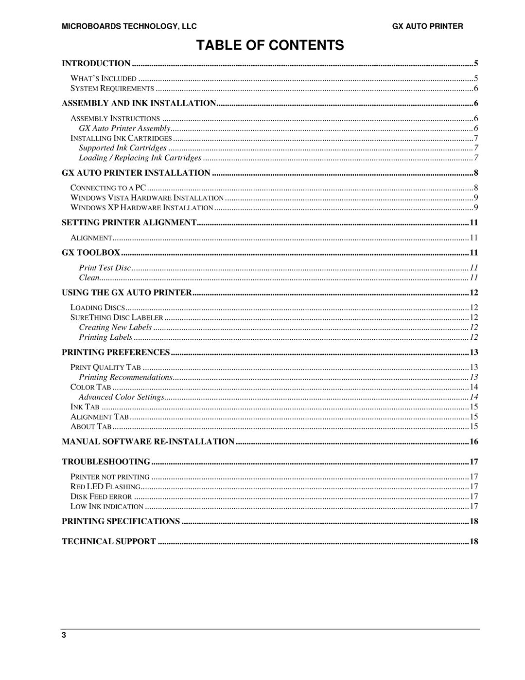 MicroBoards Technology GX Auto Printer user manual Table of Contents 