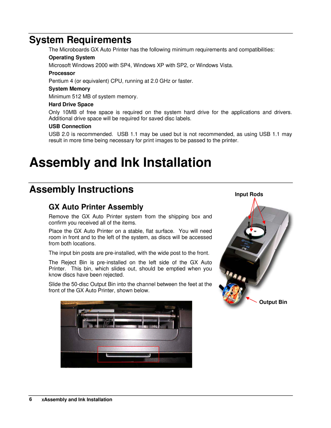 MicroBoards Technology GX Auto Printer Assembly and Ink Installation, System Requirements, Assembly Instructions 