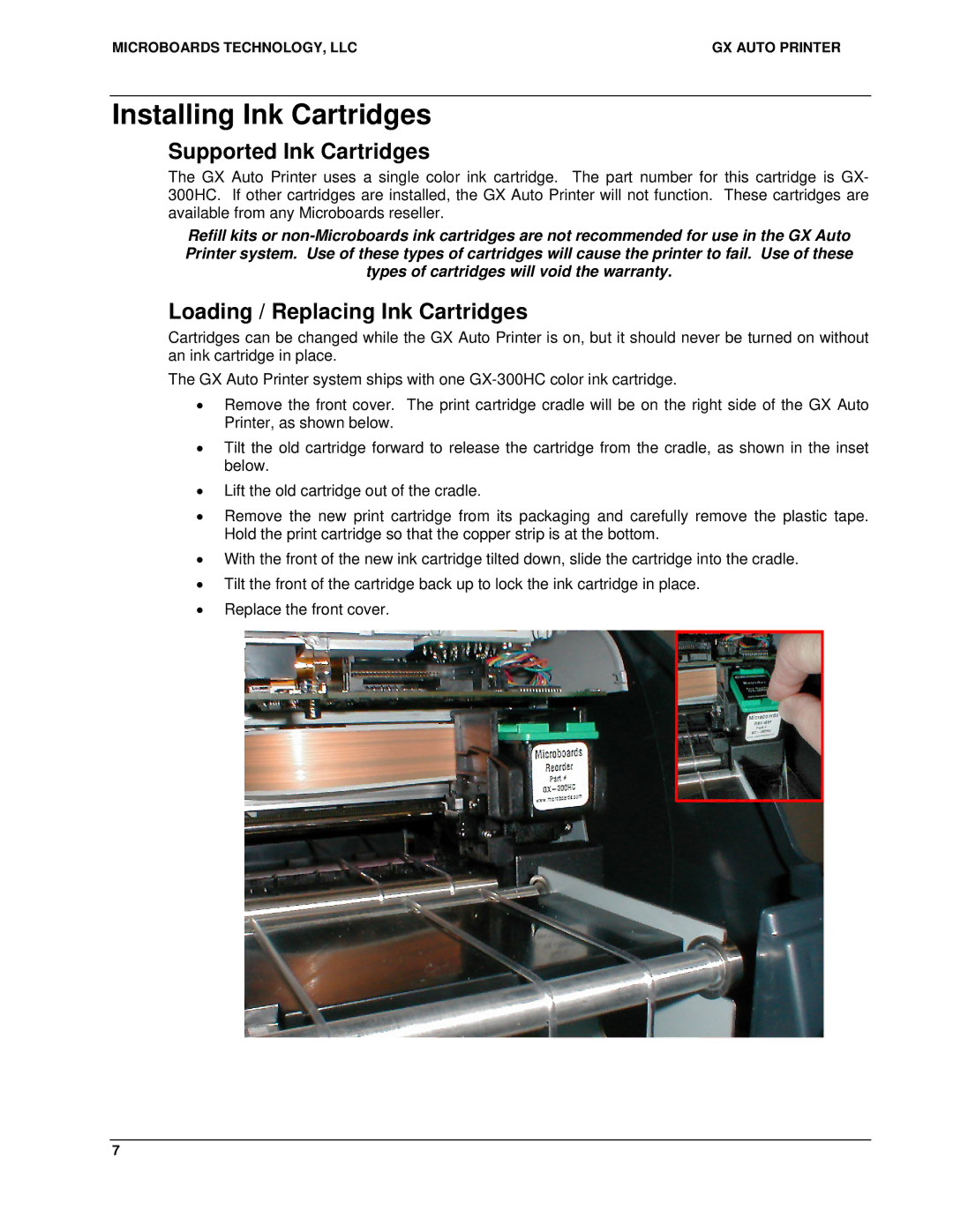 MicroBoards Technology GX Auto Printer user manual Installing Ink Cartridges, Supported Ink Cartridges 