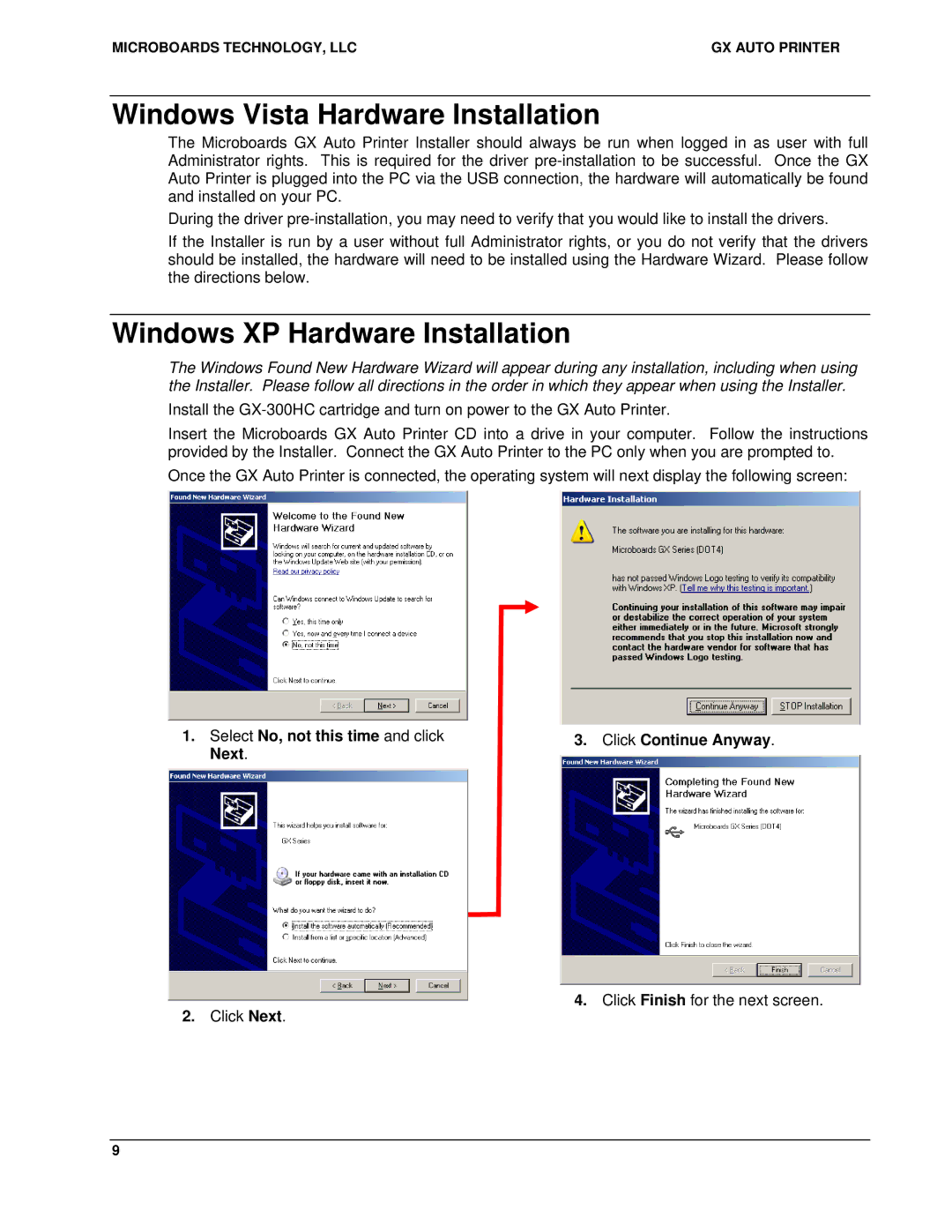 MicroBoards Technology GX Auto Printer user manual Windows Vista Hardware Installation, Windows XP Hardware Installation 