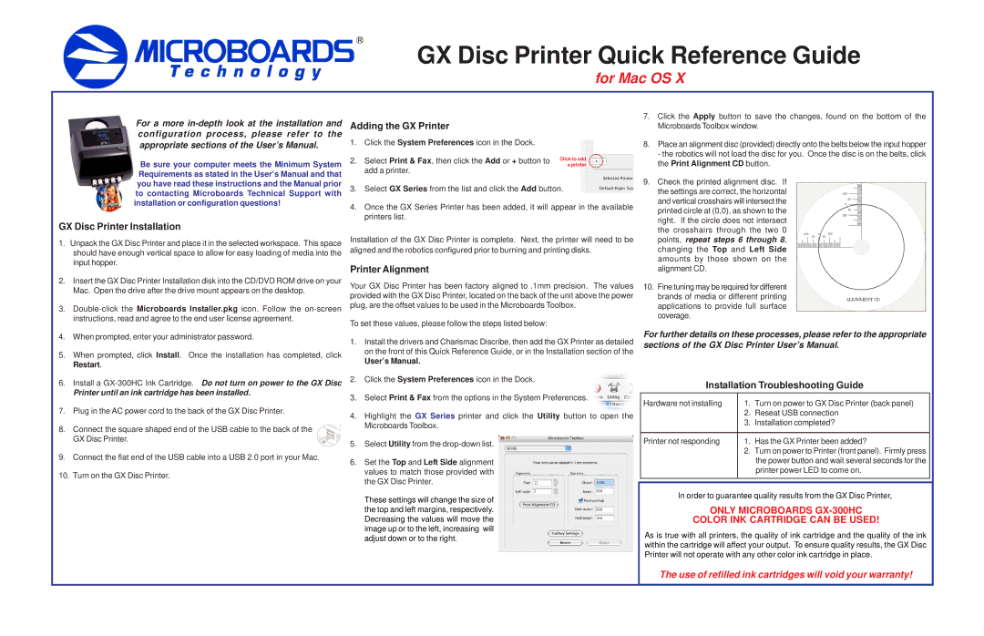 MicroBoards Technology warranty Adding the GX Printer, GX Disc Printer Installation, Printer Alignment 