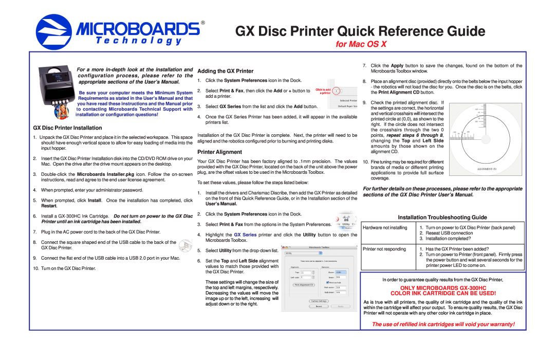 MicroBoards Technology warranty GX Disc Printer Quick Reference Guide, for Mac OS, Adding the GX Printer 
