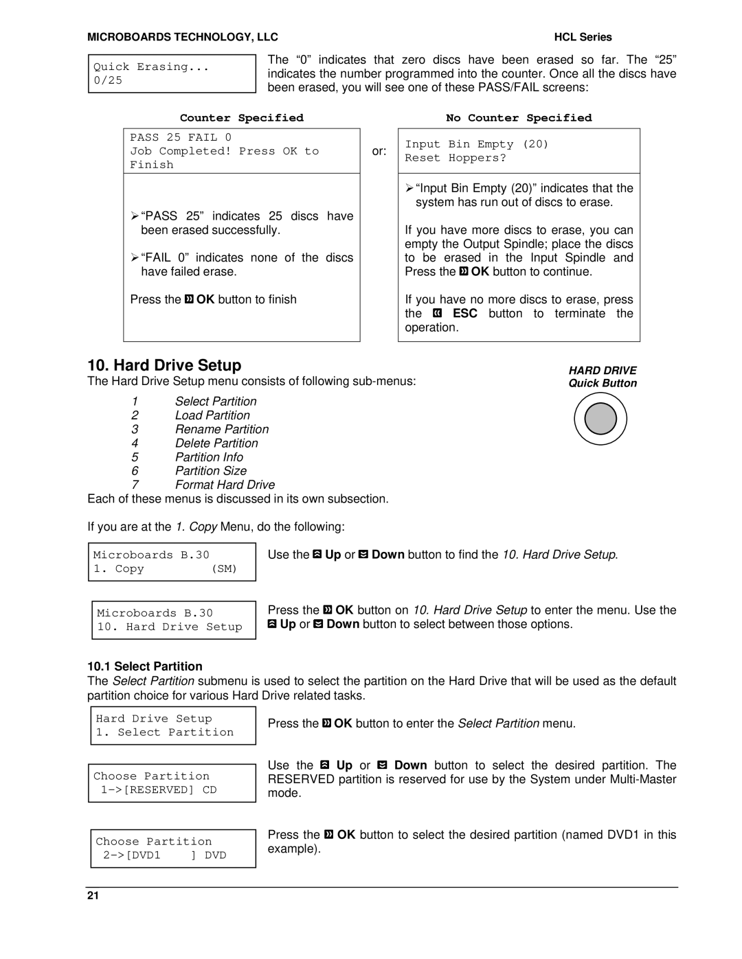 MicroBoards Technology HCL-6000 Quick Erasing, Pass 25 Fail, Microboards B.30 Copy Hard Drive Setup, Select Partition 