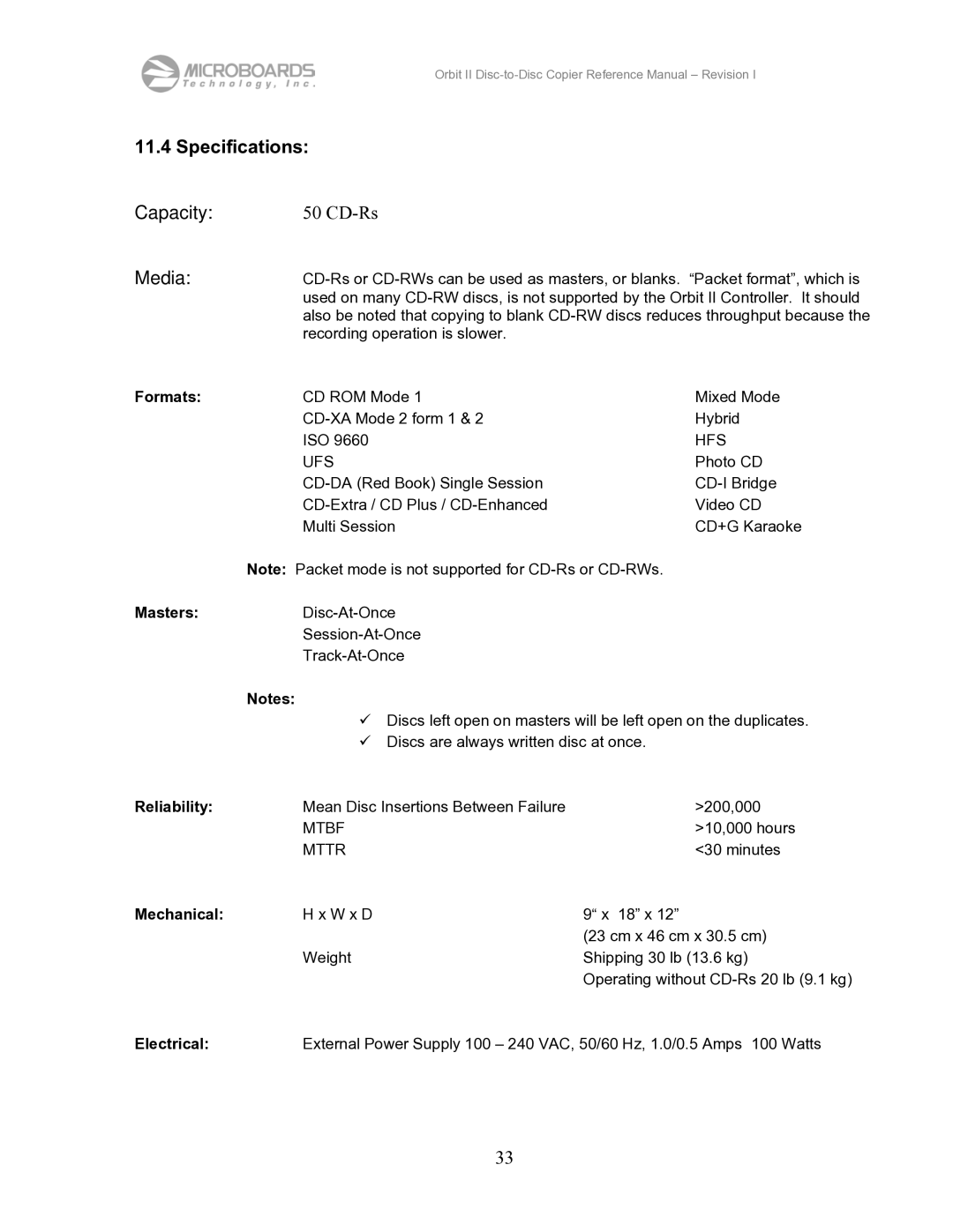 MicroBoards Technology II manual Specifications 