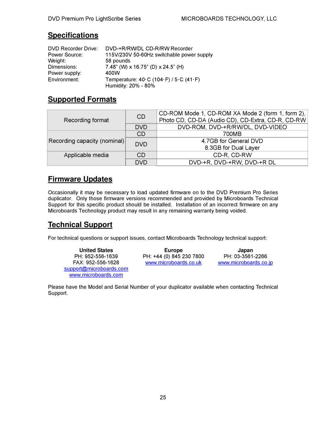 MicroBoards Technology LightScribe Series Specifications, Supported Formats, Firmware Updates, Technical Support 