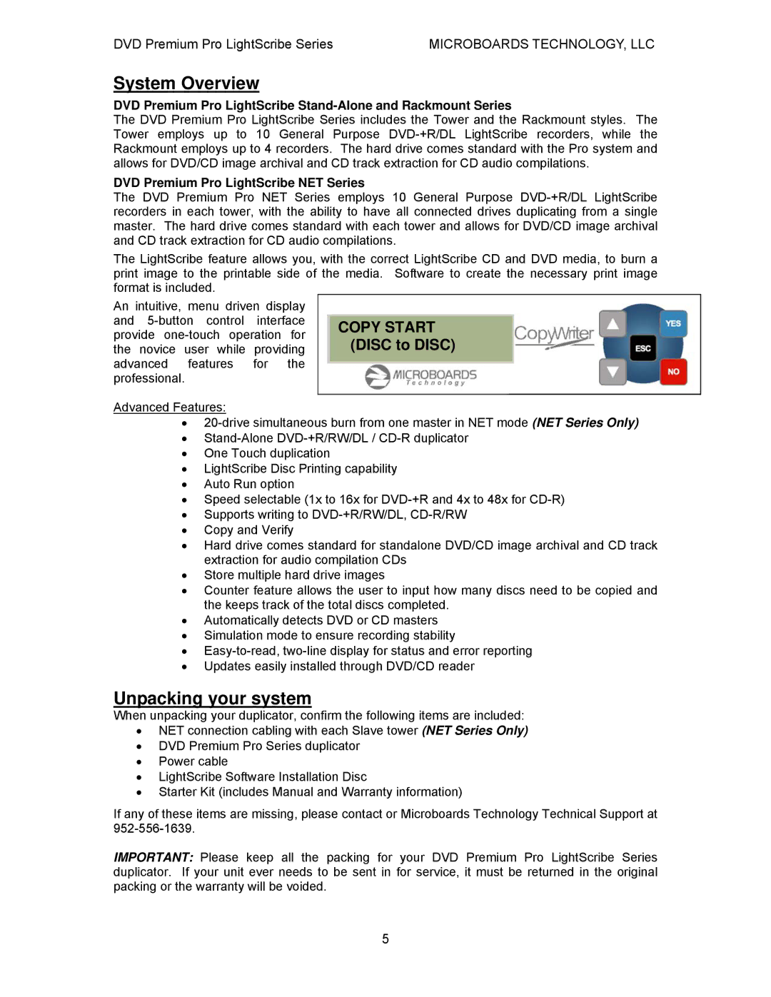 MicroBoards Technology LightScribe Series user manual System Overview, Unpacking your system, Copy Start Disc to Disc 