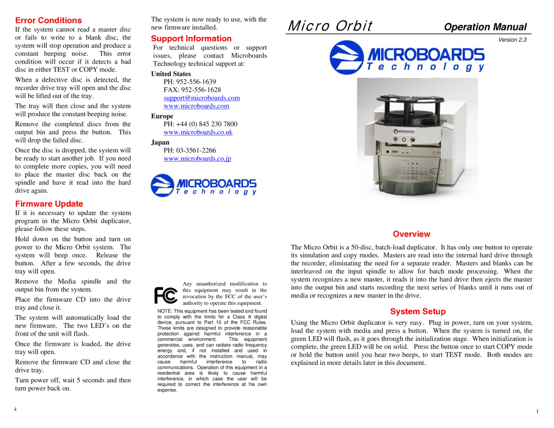 MicroBoards Technology Micro Orbit operation manual Error Conditions, Firmware Update, Support Information, Overview 