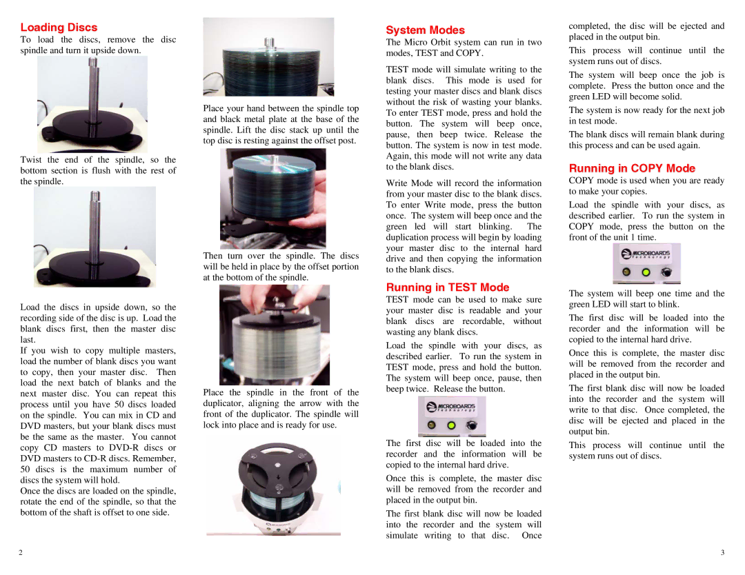 MicroBoards Technology Micro Orbit operation manual Loading Discs, System Modes, Running in Test Mode, Running in Copy Mode 