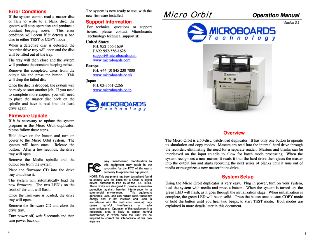 MicroBoards Technology Micro Orbit operation manual Error Conditions, Firmware Update, Support Information, Overview 