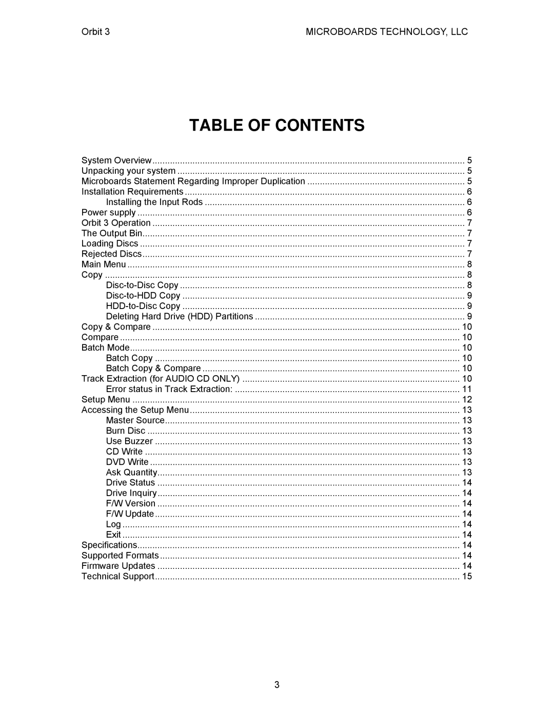 MicroBoards Technology Orbit 3 user manual Table of Contents 