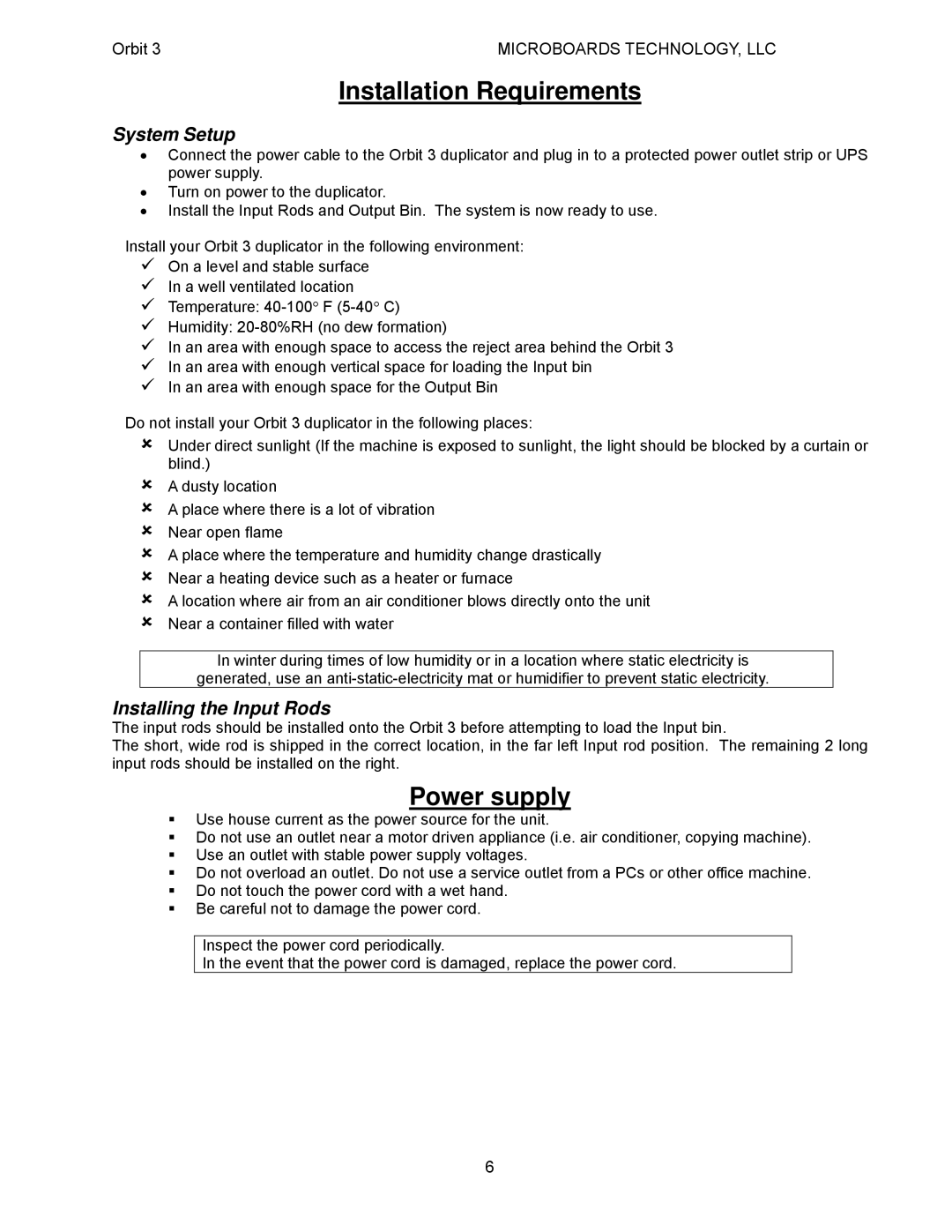 MicroBoards Technology Orbit 3 user manual Installation Requirements, Power supply, System Setup, Installing the Input Rods 