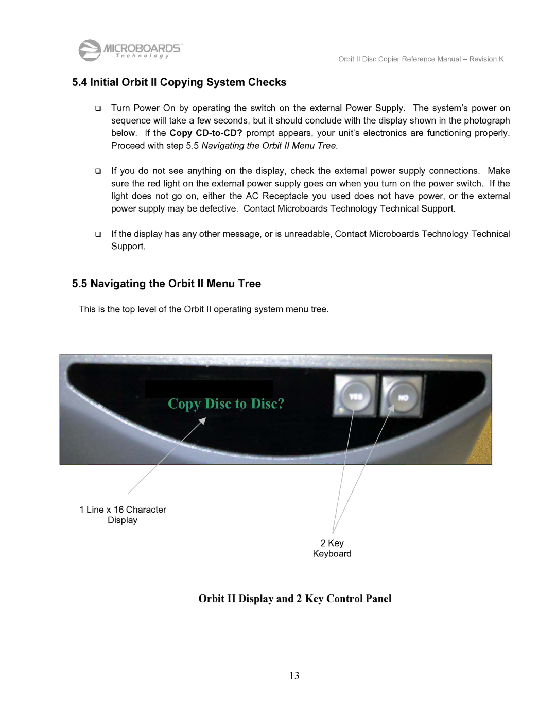 MicroBoards Technology manual Initial Orbit II Copying System Checks, Navigating the Orbit II Menu Tree 