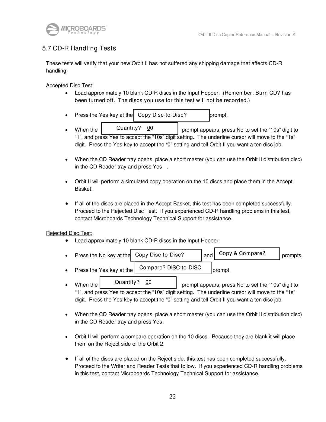 MicroBoards Technology Orbit II manual CD-R Handling Tests, Quantity? 