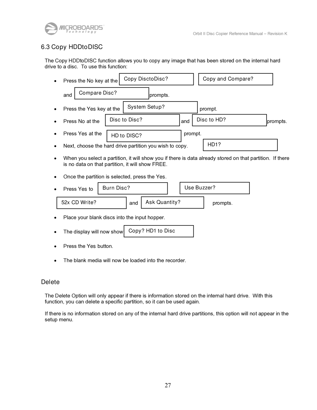 MicroBoards Technology Orbit II manual Copy HDDtoDISC, Delete 