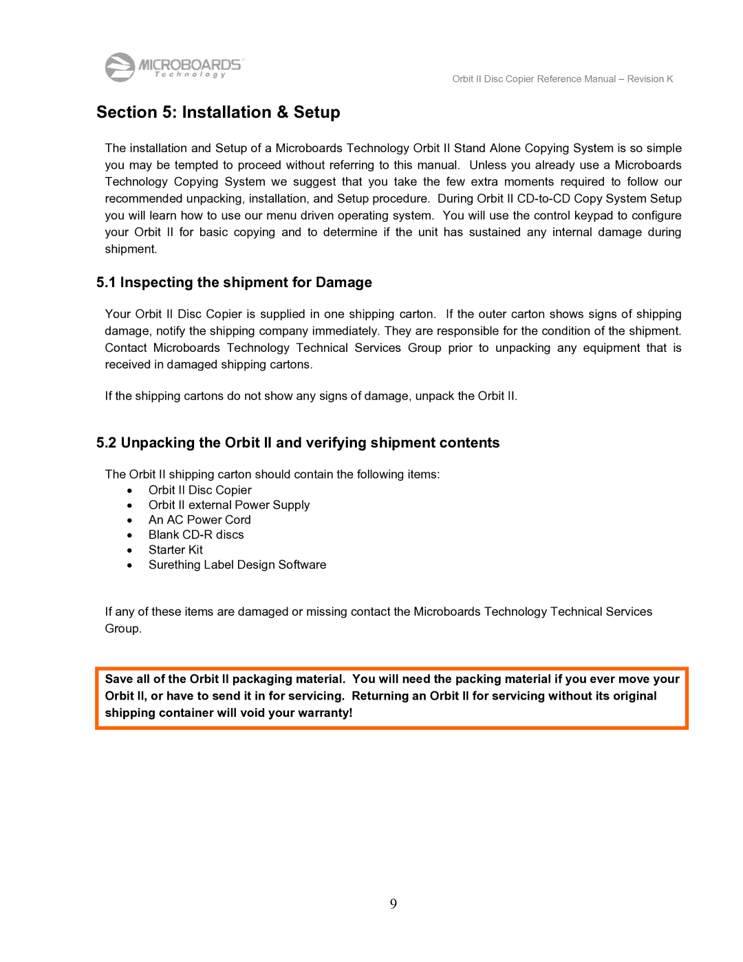 MicroBoards Technology Orbit II manual Installation & Setup, Inspecting the shipment for Damage 