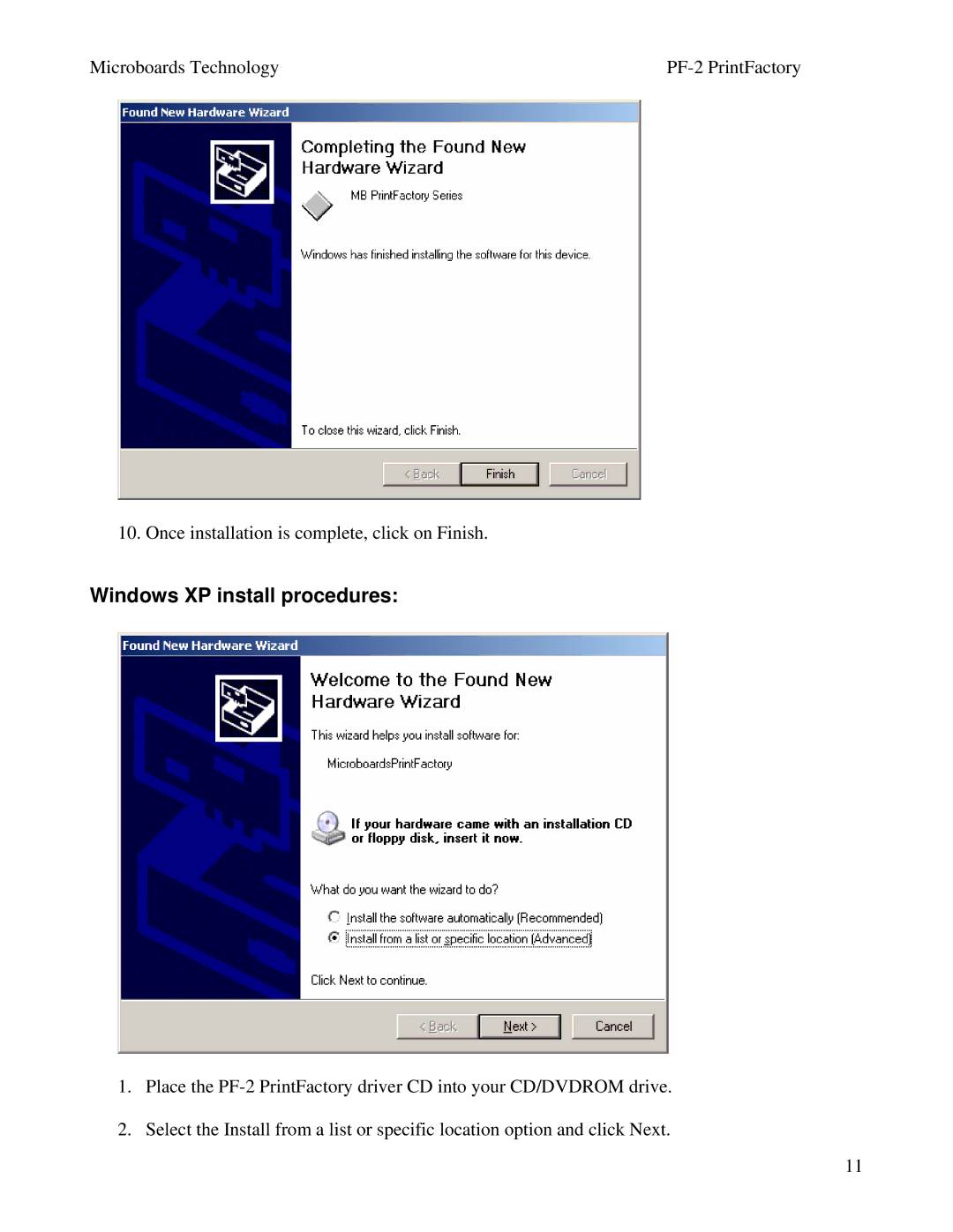 MicroBoards Technology PF-2 user manual Windows XP install procedures 