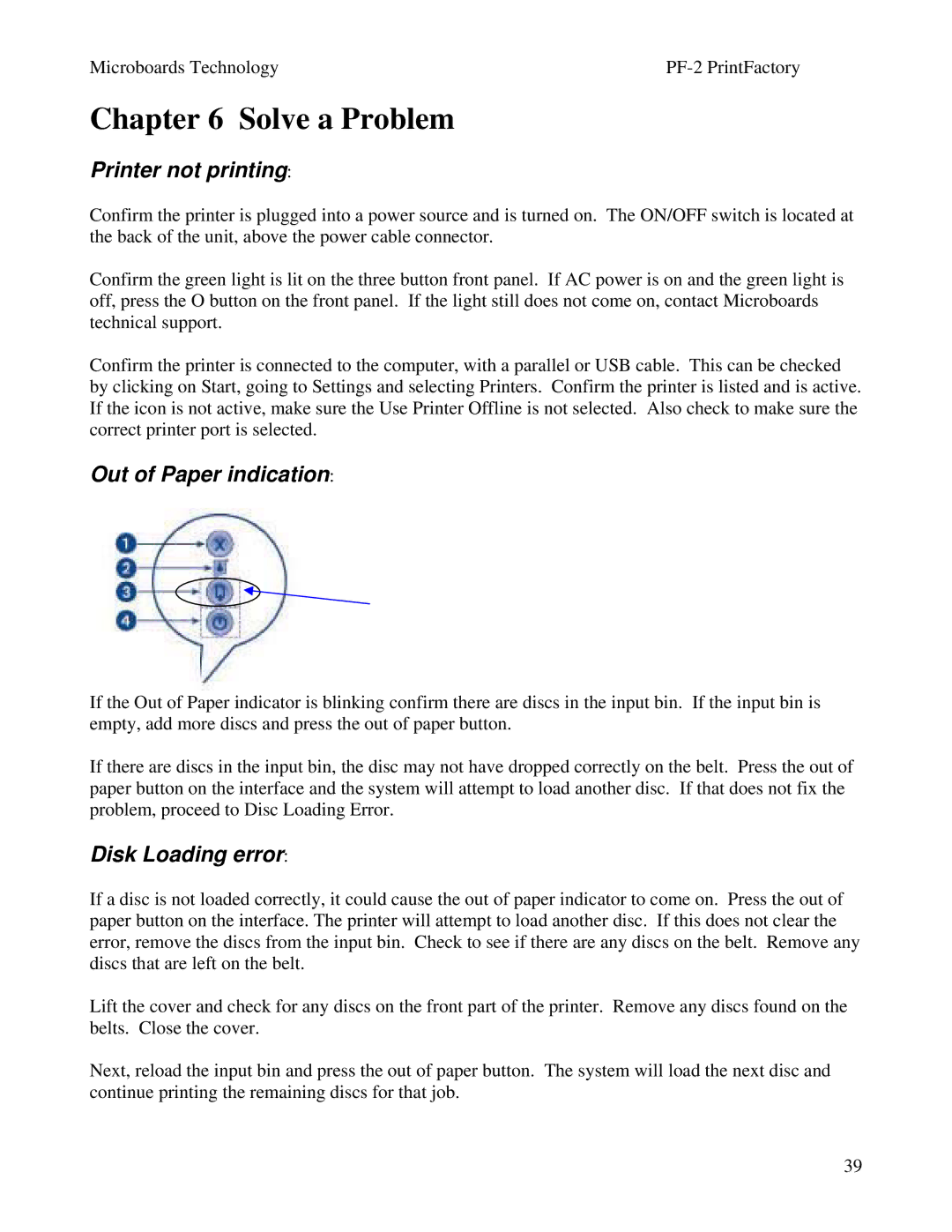 MicroBoards Technology PF-2 user manual Solve a Problem, Printer not printing, Out of Paper indication, Disk Loading error 