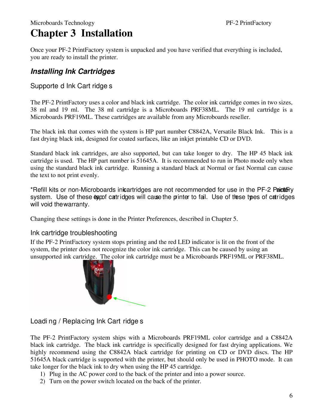 MicroBoards Technology PF-2 user manual Installation, Installing Ink Cartridges, Supported Ink Cartridges 