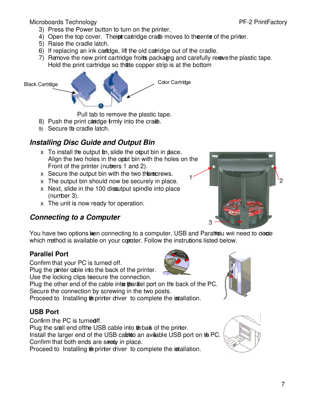 MicroBoards Technology PF-2 Installing Disc Guide and Output Bin, Connecting to a Computer, Parallel Port, USB Port 