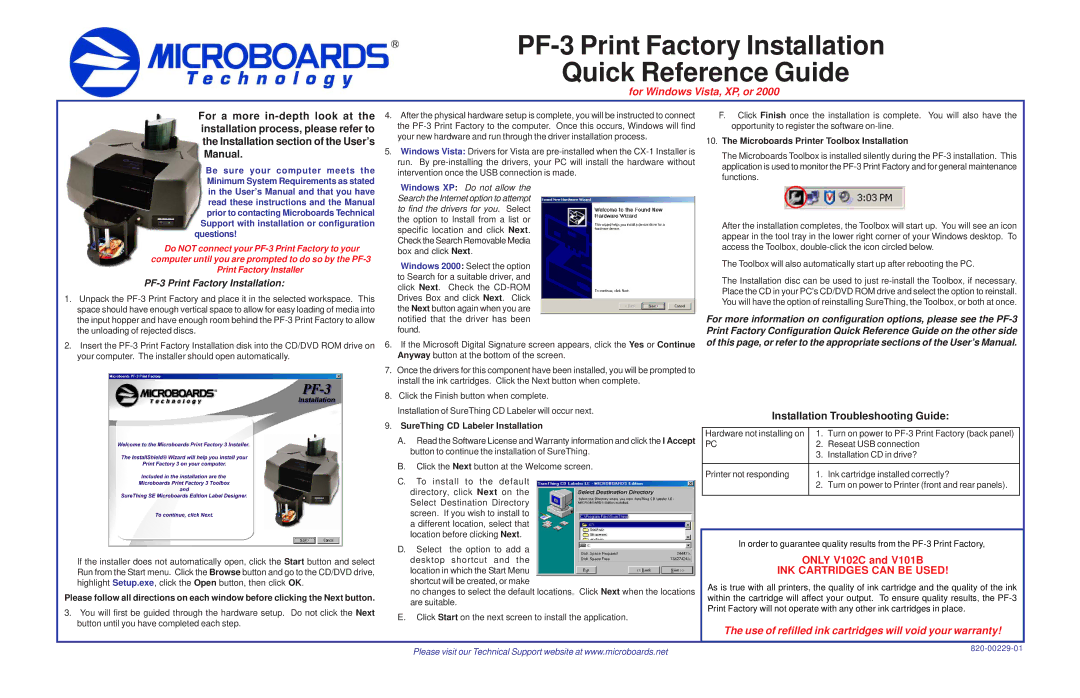 MicroBoards Technology PF-3 warranty SureThing CD Labeler Installation, Microboards Printer Toolbox Installation 