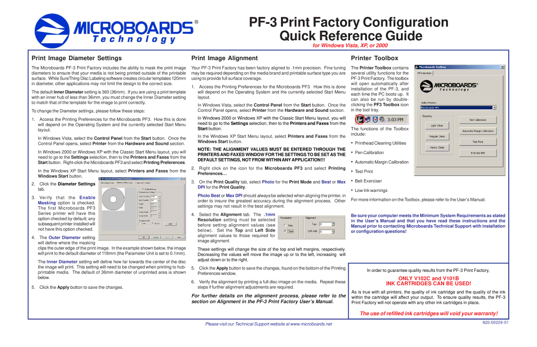 MicroBoards Technology PF-3 warranty Print Image Diameter Settings, Print Image Alignment, Printer Toolbox, Preferences… 