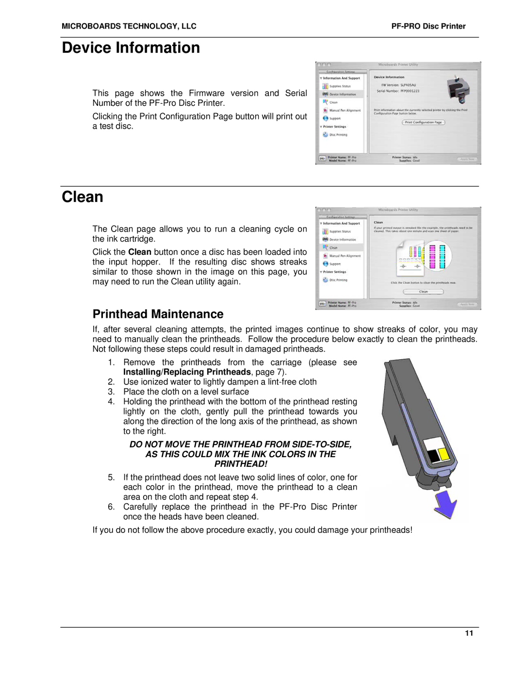 MicroBoards Technology PF-Pro Disc Printer user manual Device Information, Clean, Printhead Maintenance 