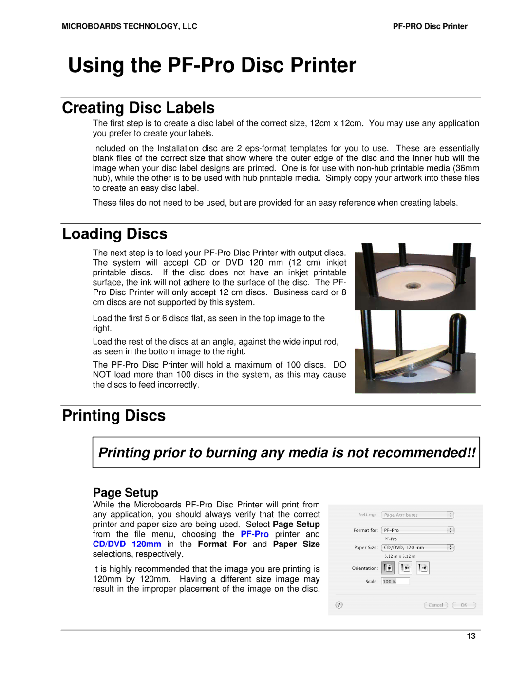 MicroBoards Technology user manual Using the PF-Pro Disc Printer, Creating Disc Labels, Printing Discs, Setup 