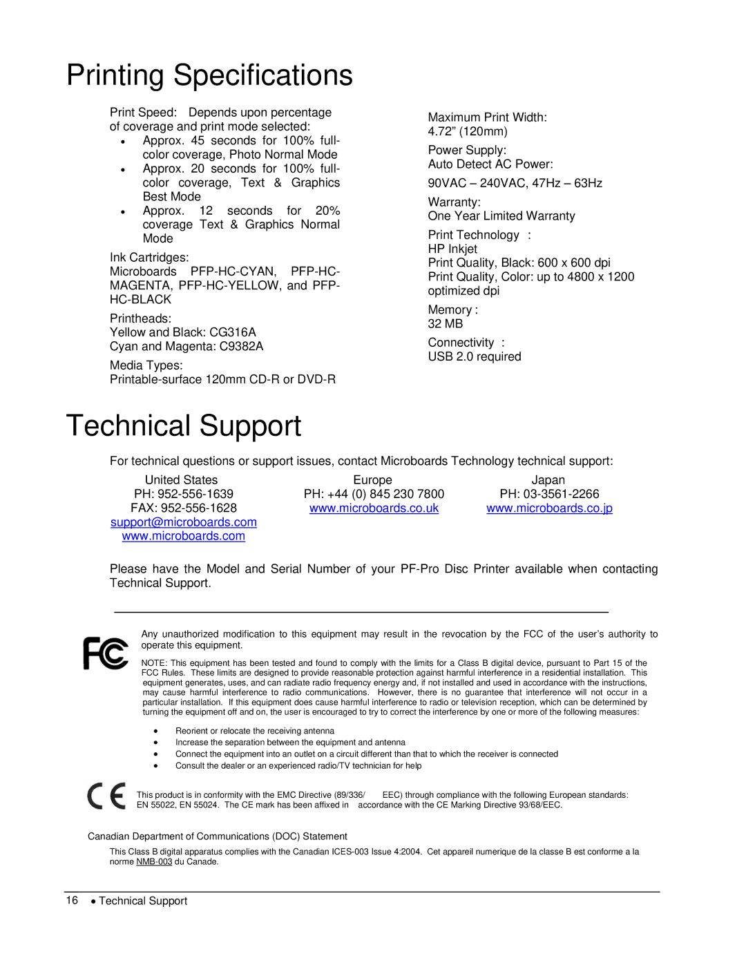 MicroBoards Technology PF-Pro Disc Printer user manual Printing Specifications, Technical Support 